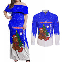 Slovenia Christmas Couples Matching Off Shoulder Maxi Dress and Long Sleeve Button Shirt with Bear Potica Cake Snowy Tree and National Emblem Design - Wonder Print Shop
