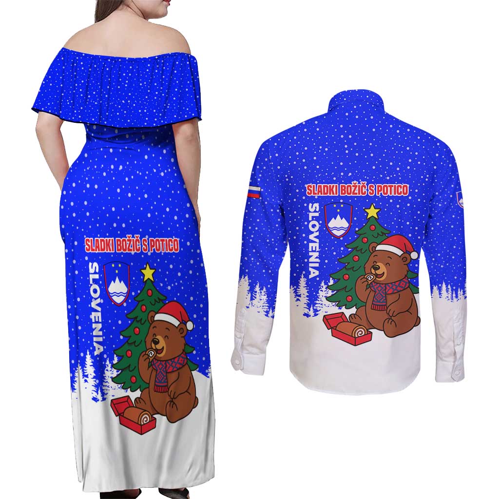Slovenia Christmas Couples Matching Off Shoulder Maxi Dress and Long Sleeve Button Shirt with Bear Potica Cake Snowy Tree and National Emblem Design - Wonder Print Shop