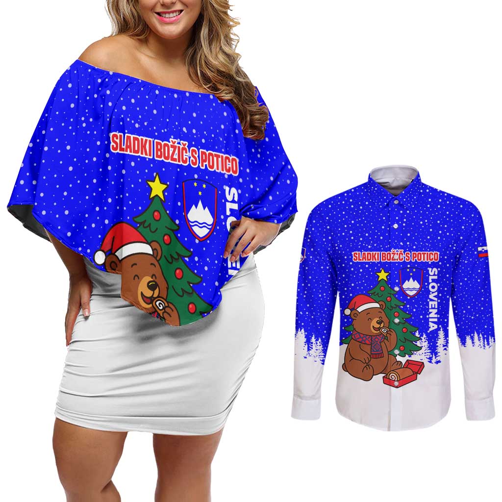 Slovenia Christmas Couples Matching Off Shoulder Short Dress and Long Sleeve Button Shirt with Bear Potica Cake Snowy Tree and National Emblem Design - Wonder Print Shop