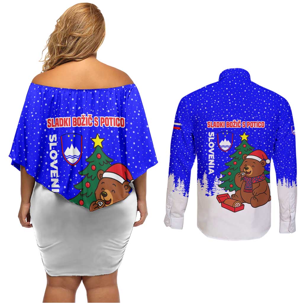Slovenia Christmas Couples Matching Off Shoulder Short Dress and Long Sleeve Button Shirt with Bear Potica Cake Snowy Tree and National Emblem Design - Wonder Print Shop