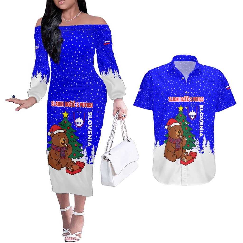 Slovenia Christmas Couples Matching Off The Shoulder Long Sleeve Dress and Hawaiian Shirt with Bear Potica Cake Snowy Tree and National Emblem Design - Wonder Print Shop