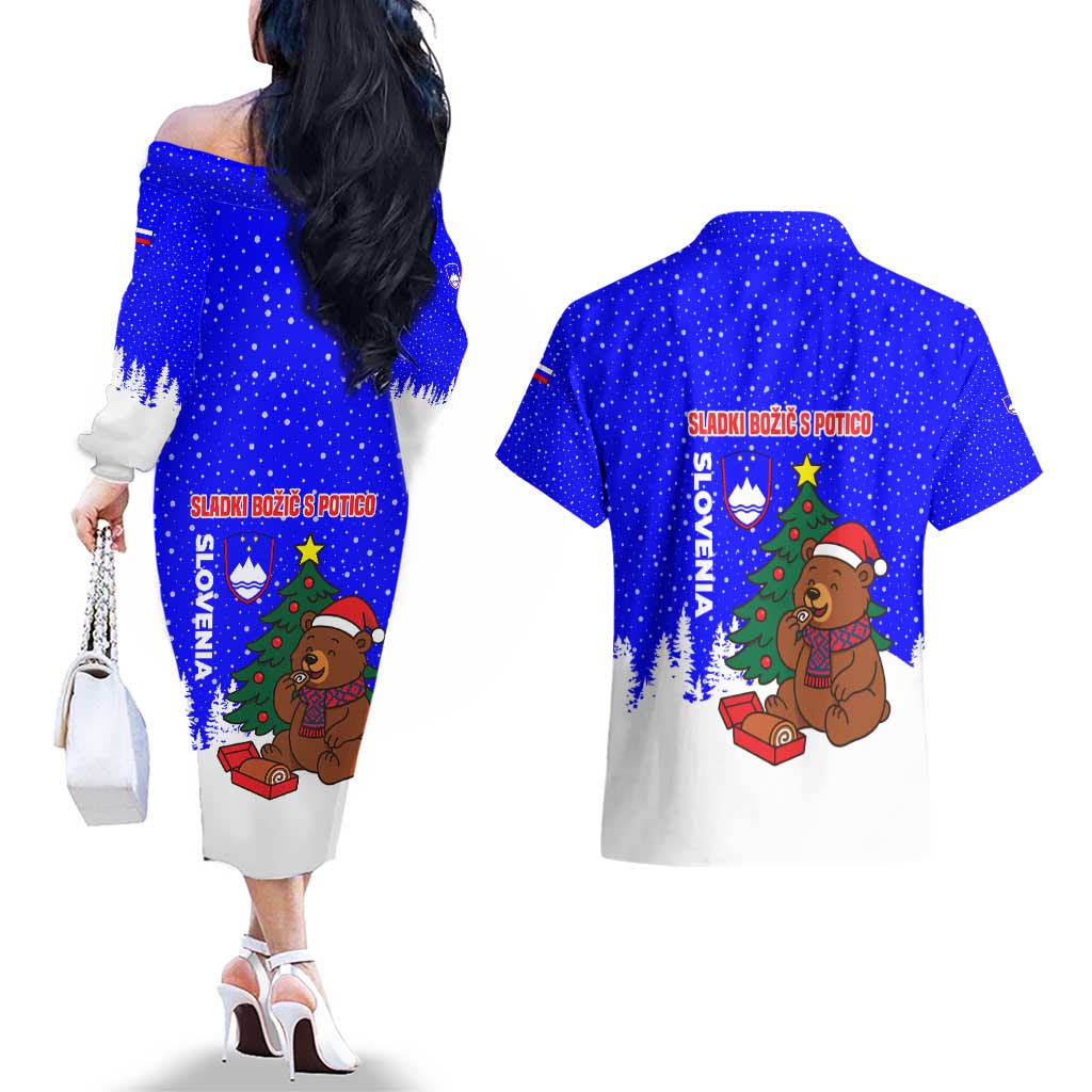 Slovenia Christmas Couples Matching Off The Shoulder Long Sleeve Dress and Hawaiian Shirt with Bear Potica Cake Snowy Tree and National Emblem Design - Wonder Print Shop