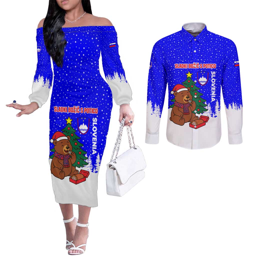 Slovenia Christmas Couples Matching Off The Shoulder Long Sleeve Dress and Long Sleeve Button Shirt with Bear Potica Cake Snowy Tree and National Emblem Design - Wonder Print Shop