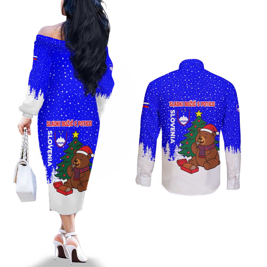 Slovenia Christmas Couples Matching Off The Shoulder Long Sleeve Dress and Long Sleeve Button Shirt with Bear Potica Cake Snowy Tree and National Emblem Design - Wonder Print Shop