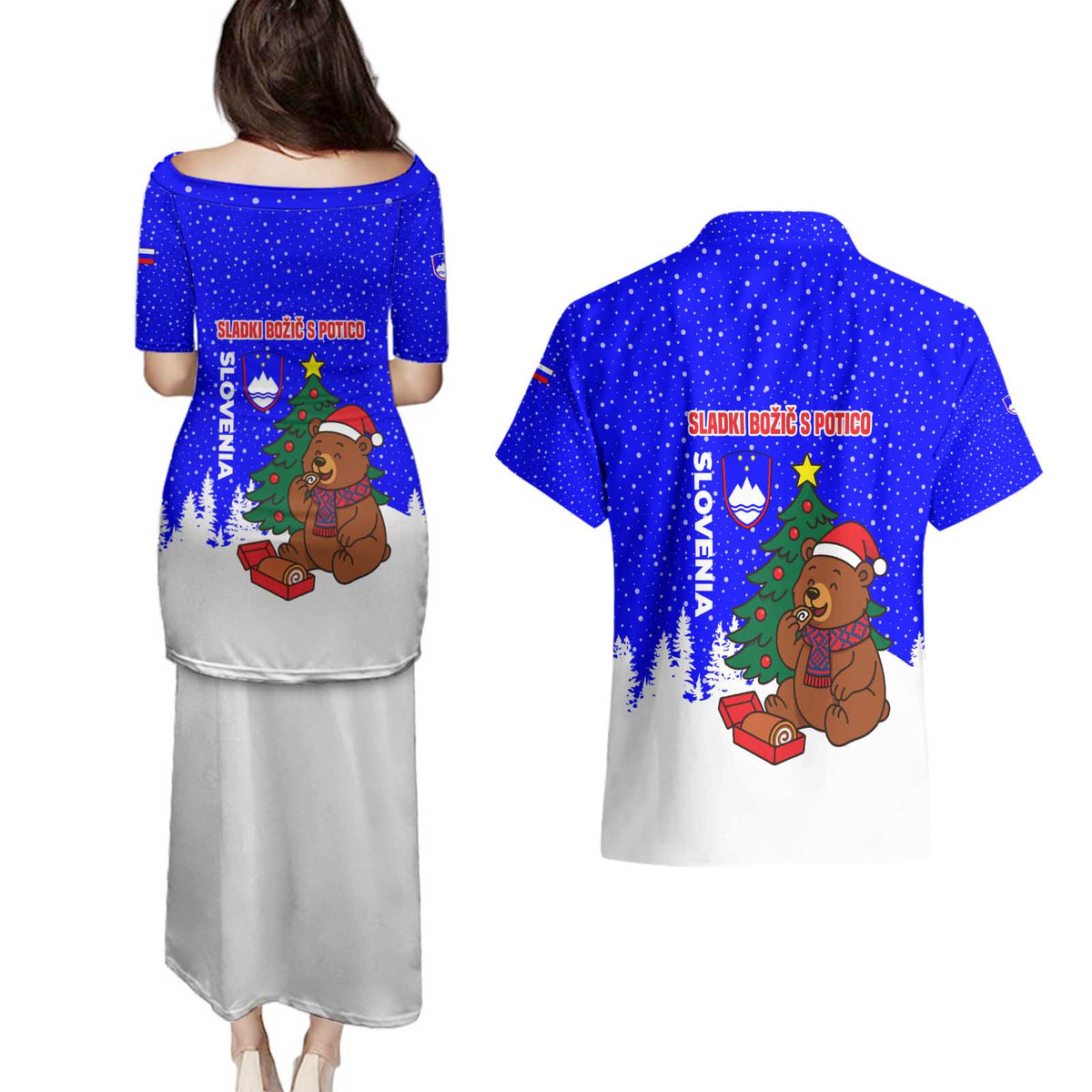 Slovenia Christmas Couples Matching Puletasi and Hawaiian Shirt with Bear Potica Cake Snowy Tree and National Emblem Design - Wonder Print Shop