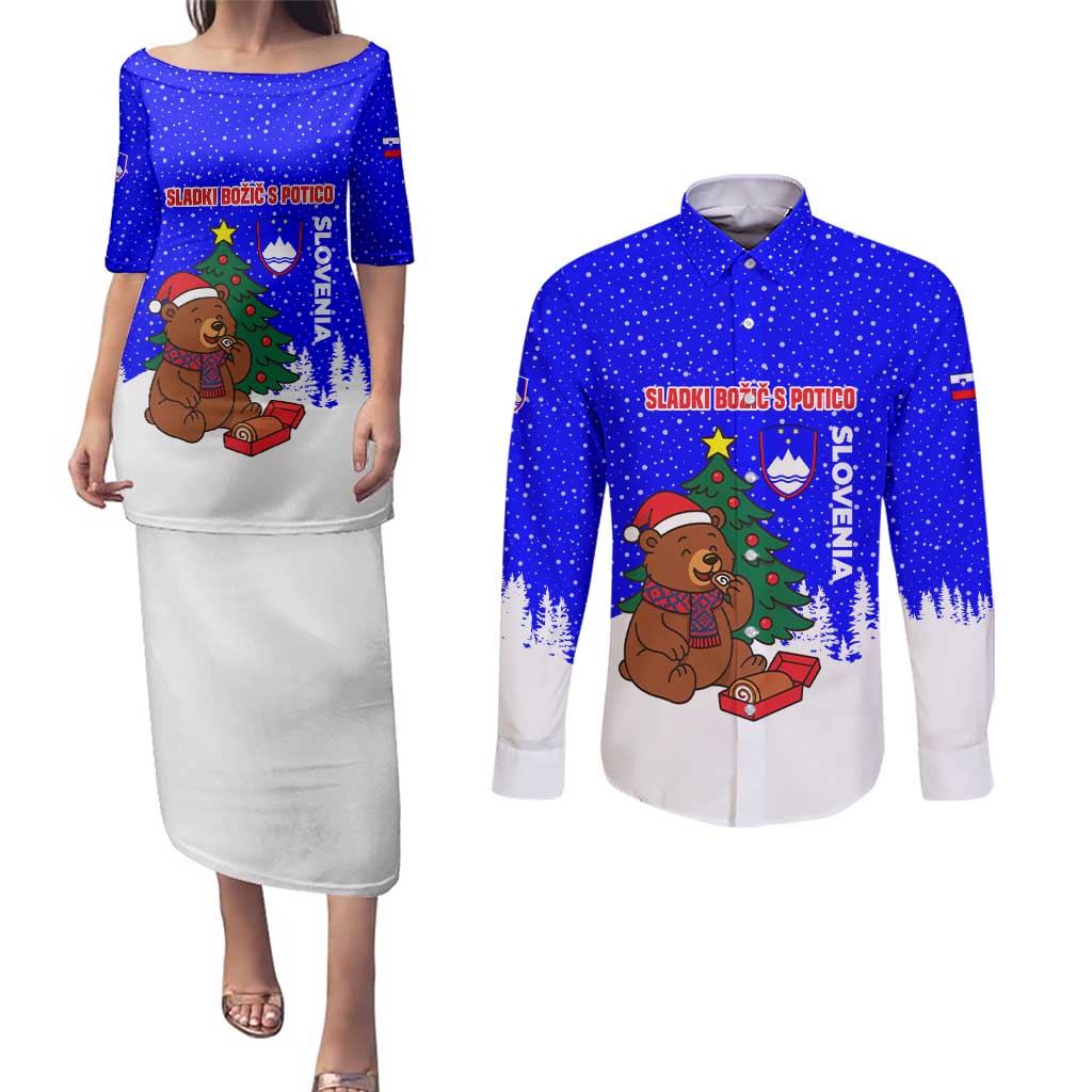 Slovenia Christmas Couples Matching Puletasi and Long Sleeve Button Shirt with Bear Potica Cake Snowy Tree and National Emblem Design - Wonder Print Shop