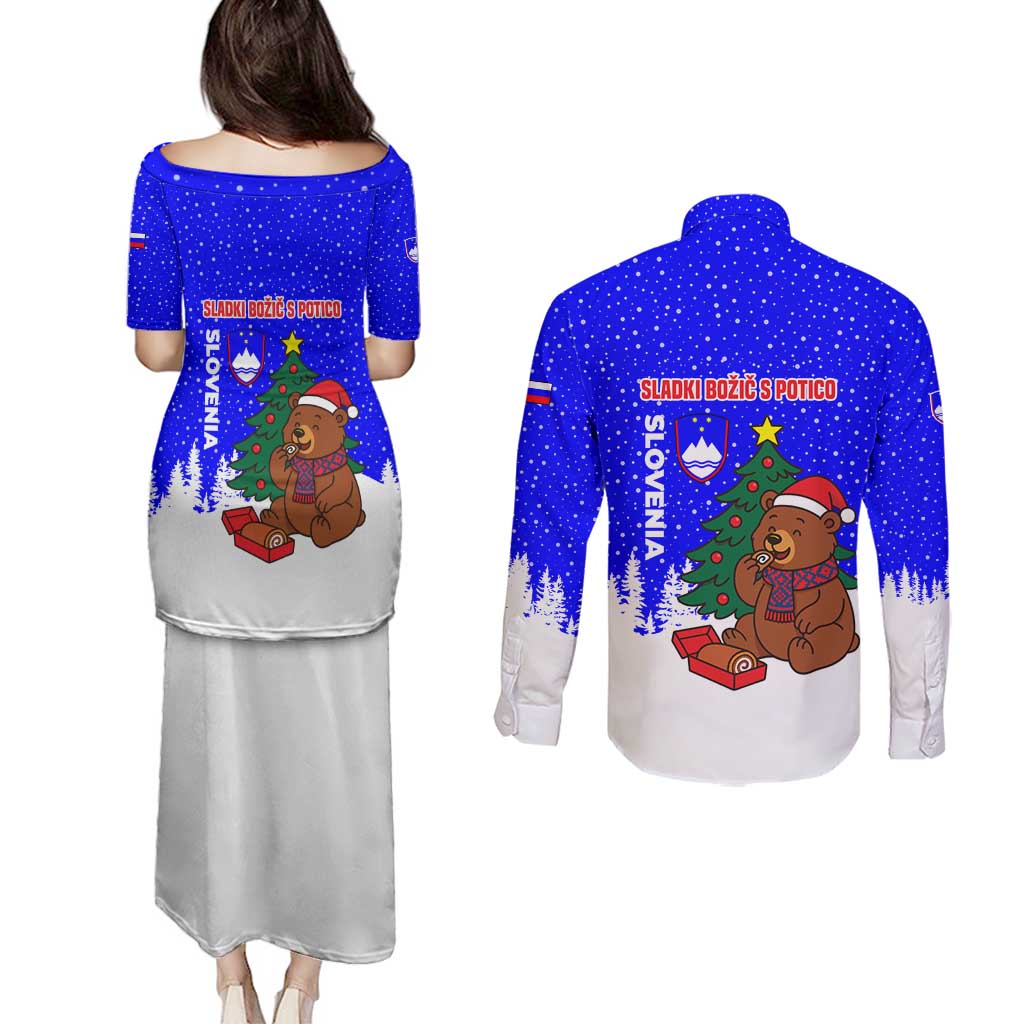Slovenia Christmas Couples Matching Puletasi and Long Sleeve Button Shirt with Bear Potica Cake Snowy Tree and National Emblem Design - Wonder Print Shop