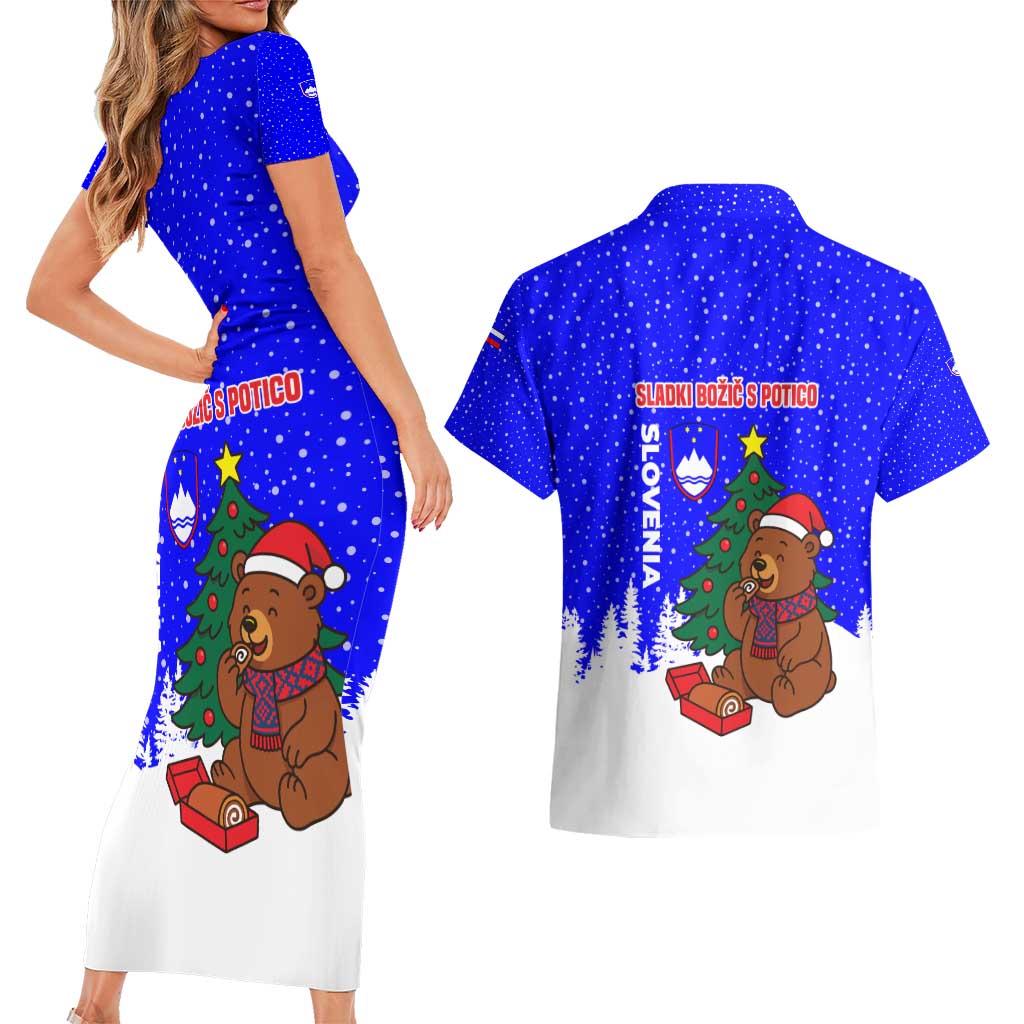 Slovenia Christmas Couples Matching Short Sleeve Bodycon Dress and Hawaiian Shirt with Bear Potica Cake Snowy Tree and National Emblem Design - Wonder Print Shop