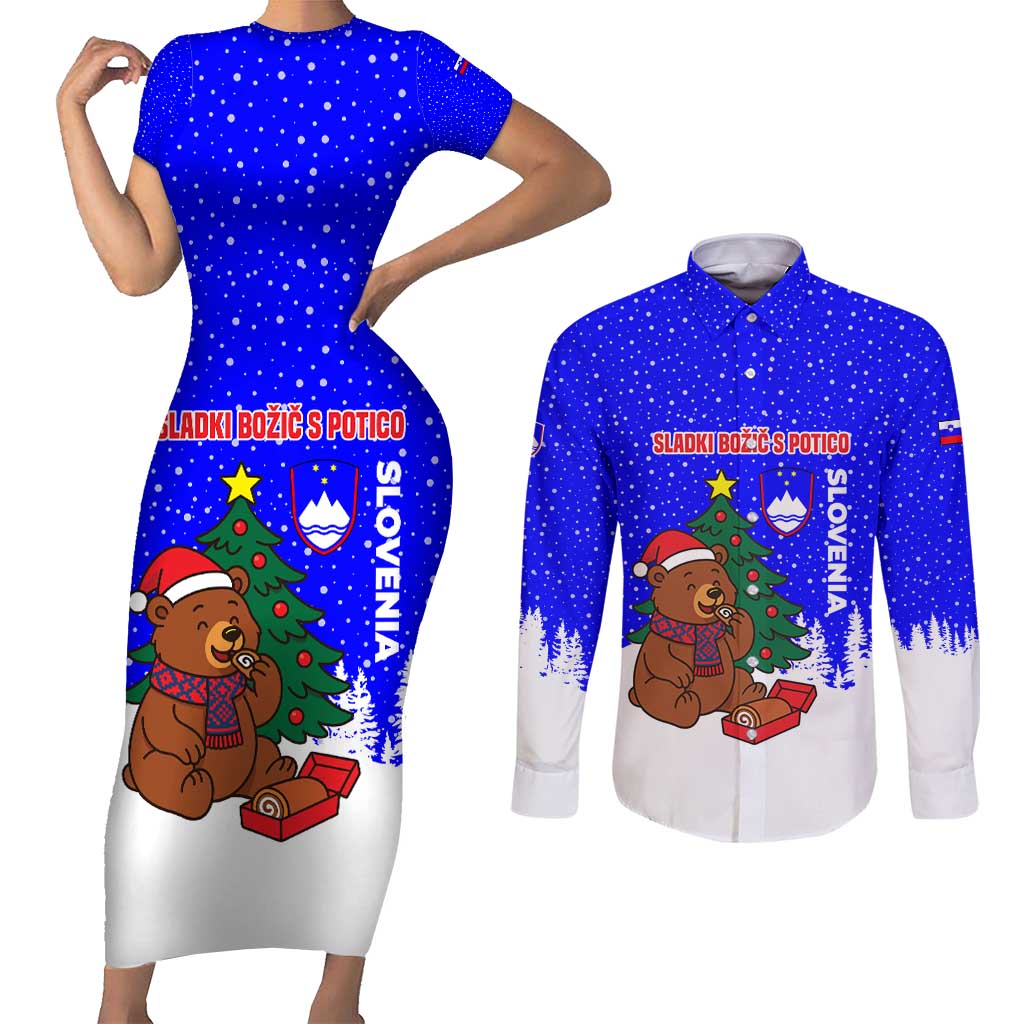 Slovenia Christmas Couples Matching Short Sleeve Bodycon Dress and Long Sleeve Button Shirt with Bear Potica Cake Snowy Tree and National Emblem Design - Wonder Print Shop