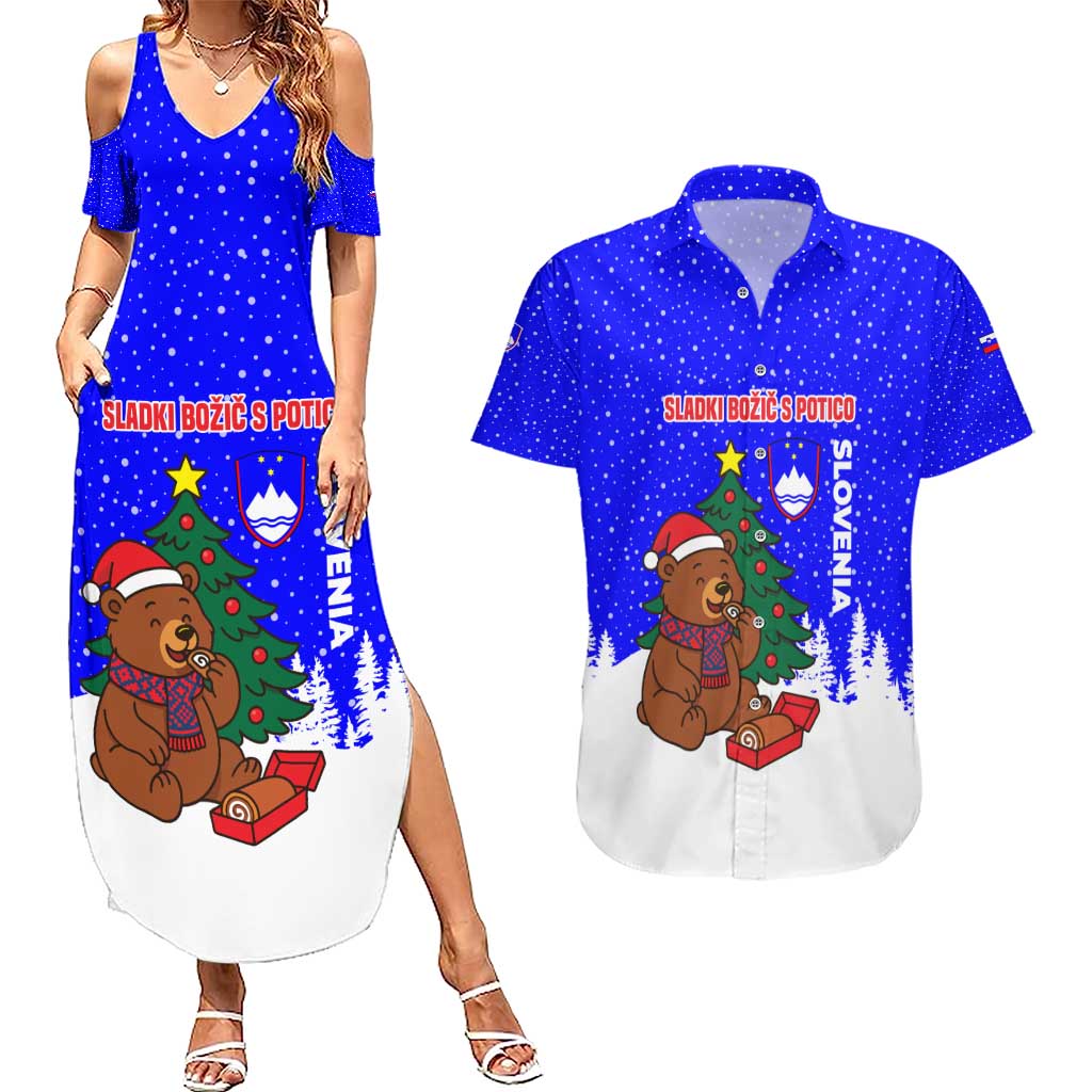Slovenia Christmas Couples Matching Summer Maxi Dress and Hawaiian Shirt with Bear Potica Cake Snowy Tree and National Emblem Design - Wonder Print Shop