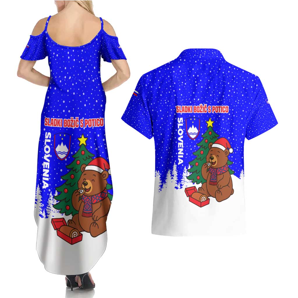Slovenia Christmas Couples Matching Summer Maxi Dress and Hawaiian Shirt with Bear Potica Cake Snowy Tree and National Emblem Design - Wonder Print Shop