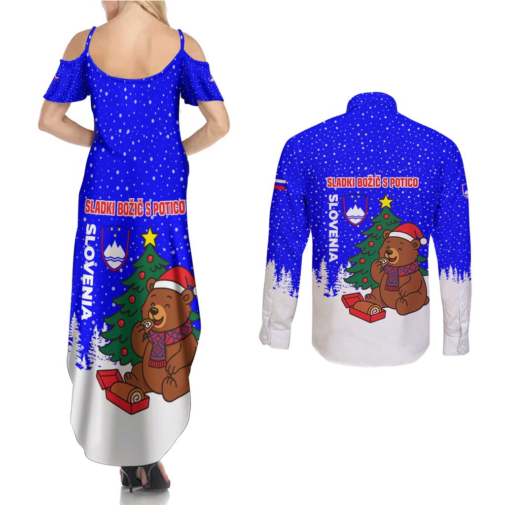 Slovenia Christmas Couples Matching Summer Maxi Dress and Long Sleeve Button Shirt with Bear Potica Cake Snowy Tree and National Emblem Design - Wonder Print Shop