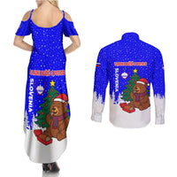 Slovenia Christmas Couples Matching Summer Maxi Dress and Long Sleeve Button Shirt with Bear Potica Cake Snowy Tree and National Emblem Design - Wonder Print Shop