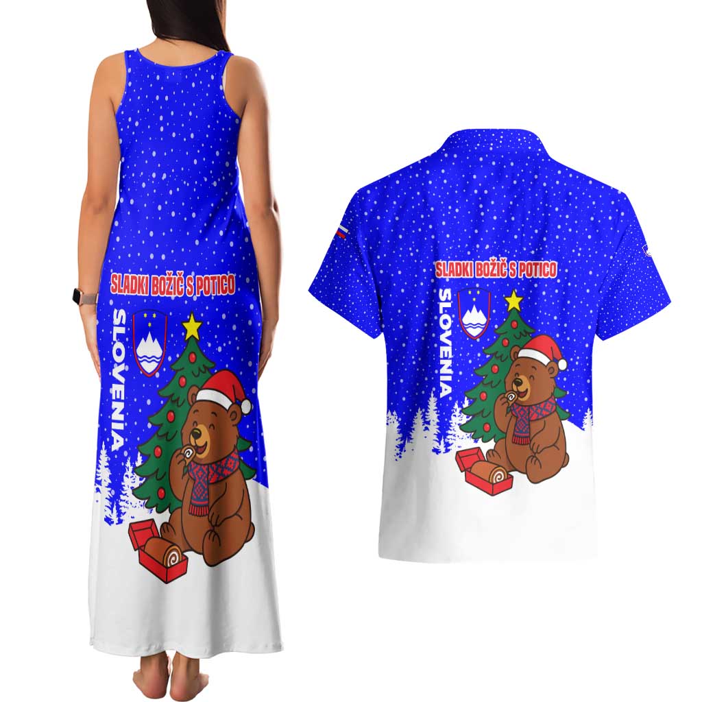 Slovenia Christmas Couples Matching Tank Maxi Dress and Hawaiian Shirt with Bear Potica Cake Snowy Tree and National Emblem Design - Wonder Print Shop