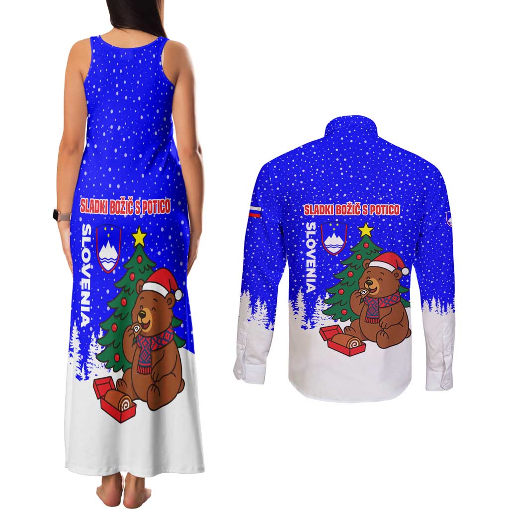 Slovenia Christmas Couples Matching Tank Maxi Dress and Long Sleeve Button Shirt with Bear Potica Cake Snowy Tree and National Emblem Design - Wonder Print Shop