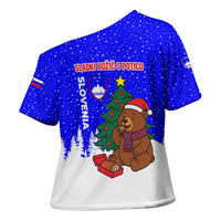 Slovenia Christmas Cross Shoulder Shirt with Bear Potica Cake Snowy Tree and National Emblem Design - Wonder Print Shop