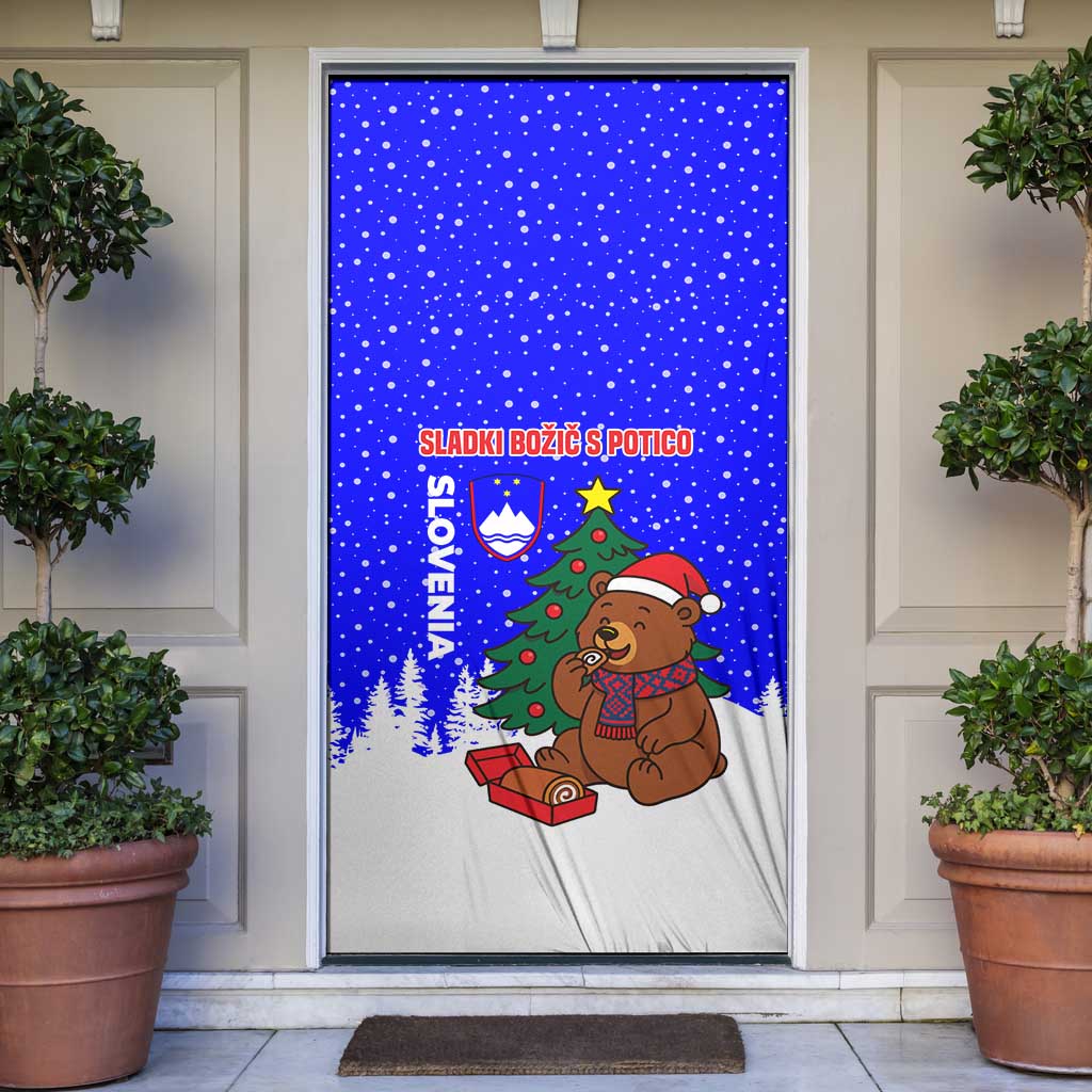 Slovenia Christmas Door Cover with Bear Potica Cake Snowy Tree and National Emblem Design - Wonder Print Shop