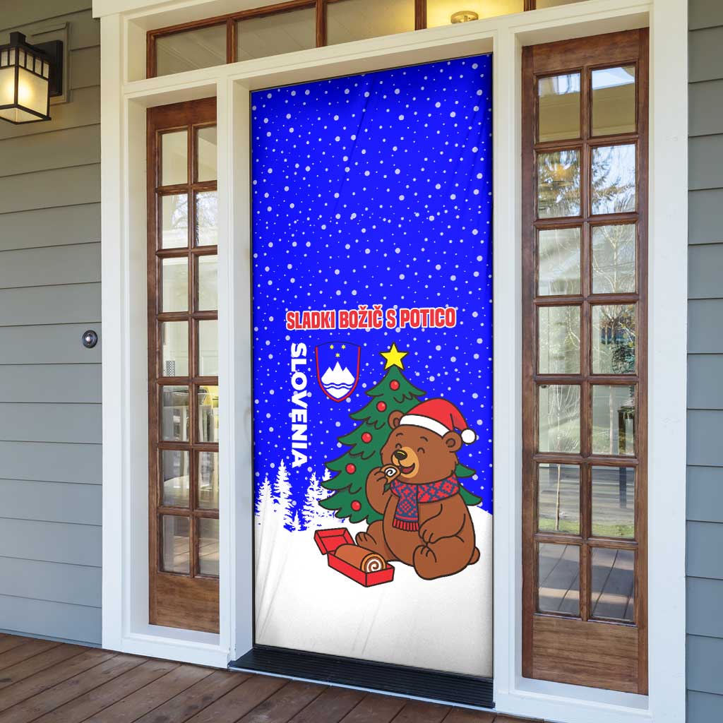 Slovenia Christmas Door Cover with Bear Potica Cake Snowy Tree and National Emblem Design - Wonder Print Shop