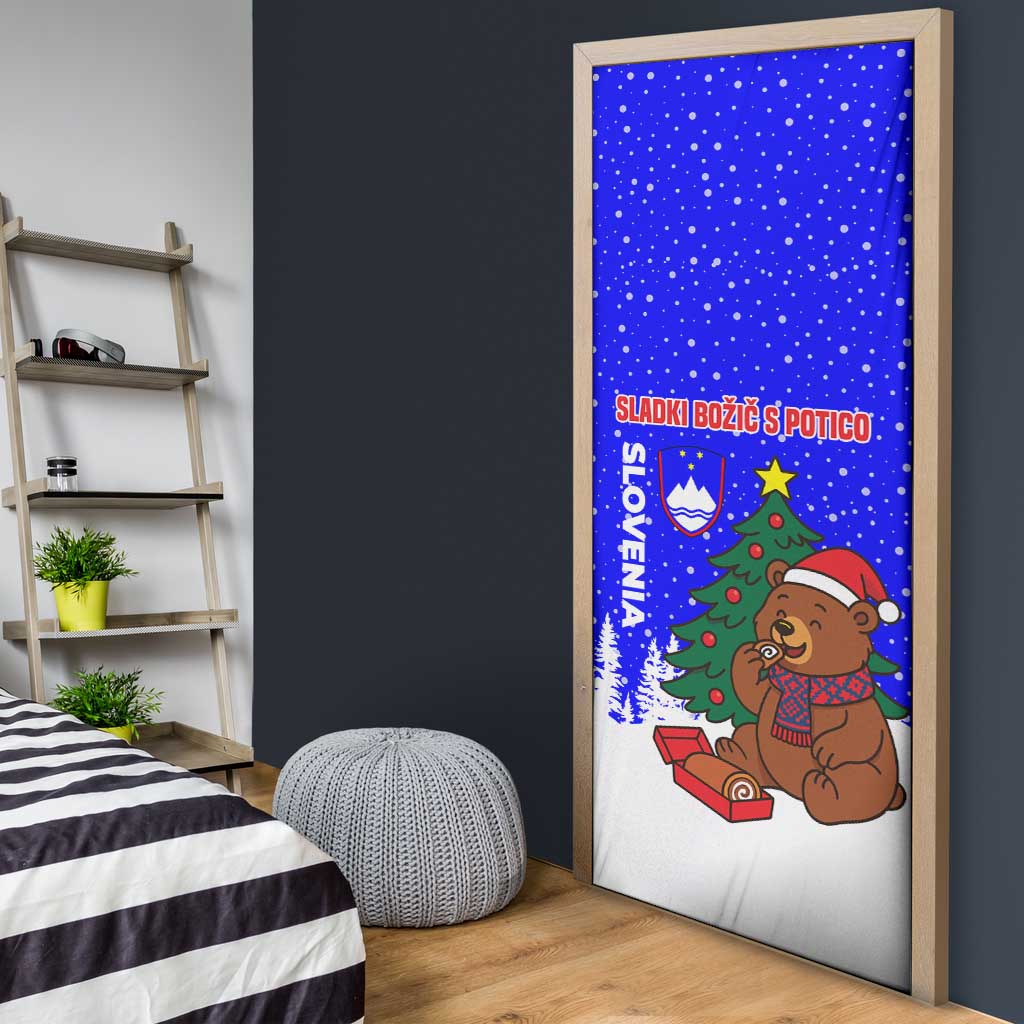 Slovenia Christmas Door Cover with Bear Potica Cake Snowy Tree and National Emblem Design - Wonder Print Shop