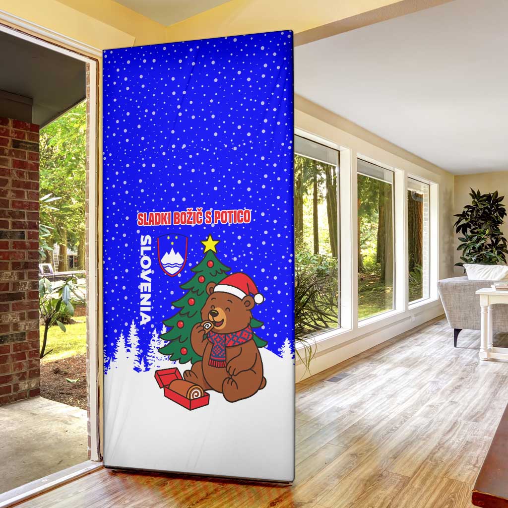 Slovenia Christmas Door Cover with Bear Potica Cake Snowy Tree and National Emblem Design - Wonder Print Shop