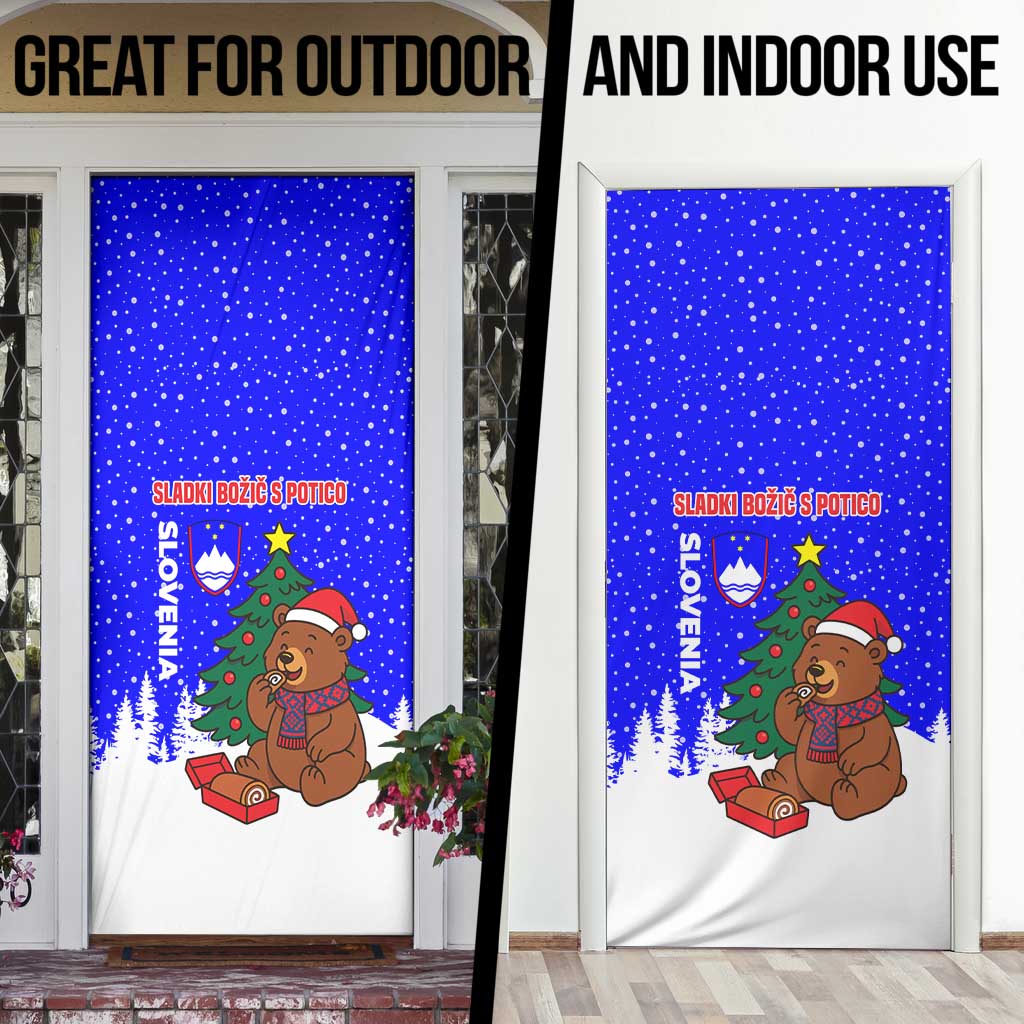 Slovenia Christmas Door Cover with Bear Potica Cake Snowy Tree and National Emblem Design - Wonder Print Shop
