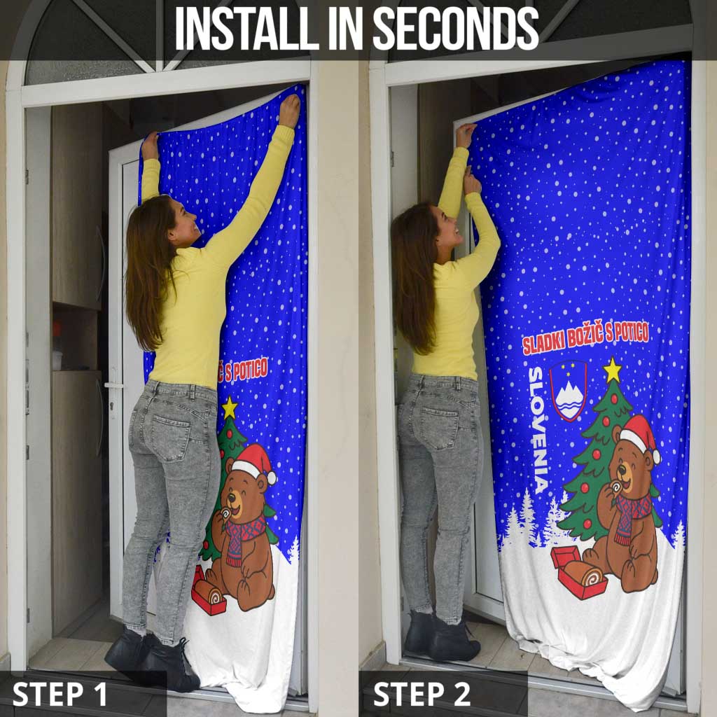 Slovenia Christmas Door Cover with Bear Potica Cake Snowy Tree and National Emblem Design - Wonder Print Shop