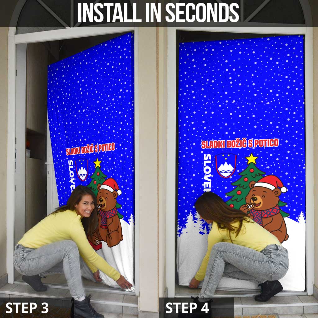 Slovenia Christmas Door Cover with Bear Potica Cake Snowy Tree and National Emblem Design - Wonder Print Shop