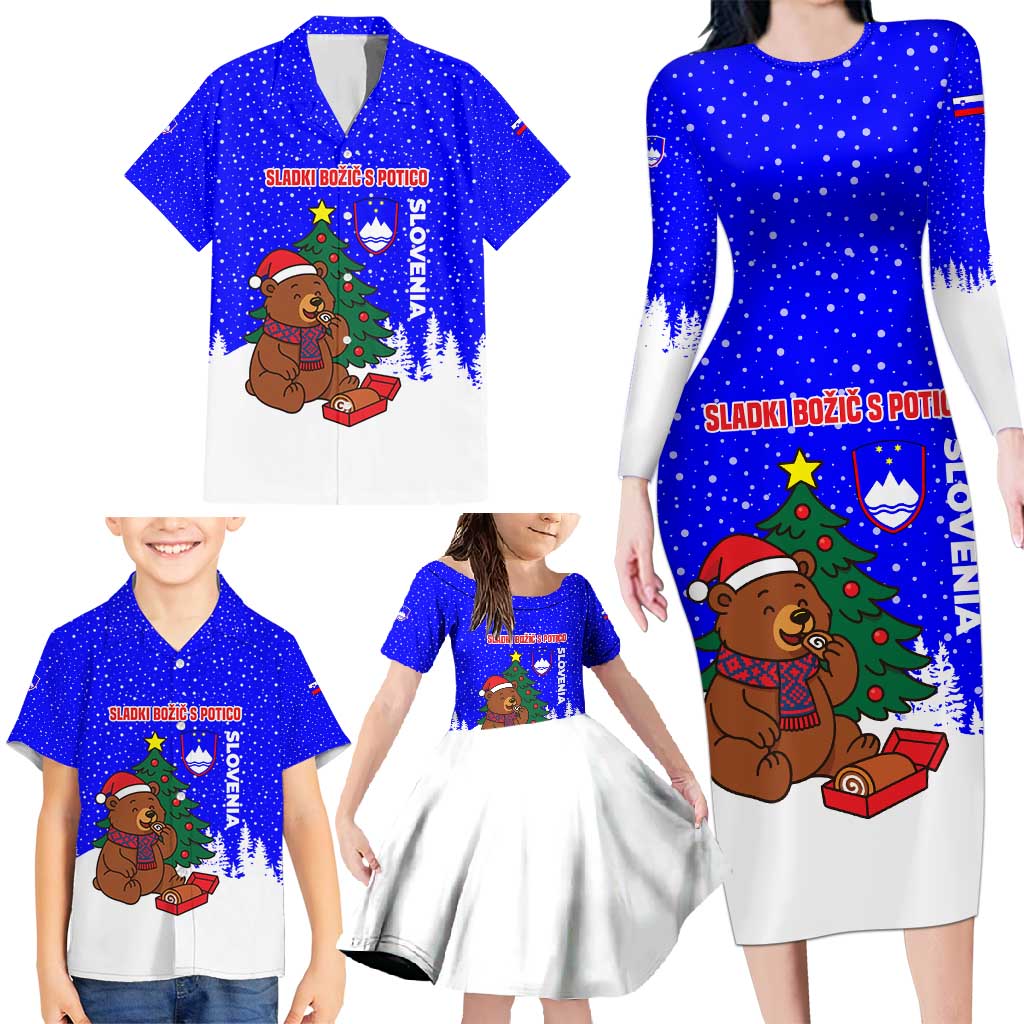 Slovenia Christmas Family Matching Long Sleeve Bodycon Dress and Hawaiian Shirt with Bear Potica Cake Snowy Tree and National Emblem Design - Wonder Print Shop