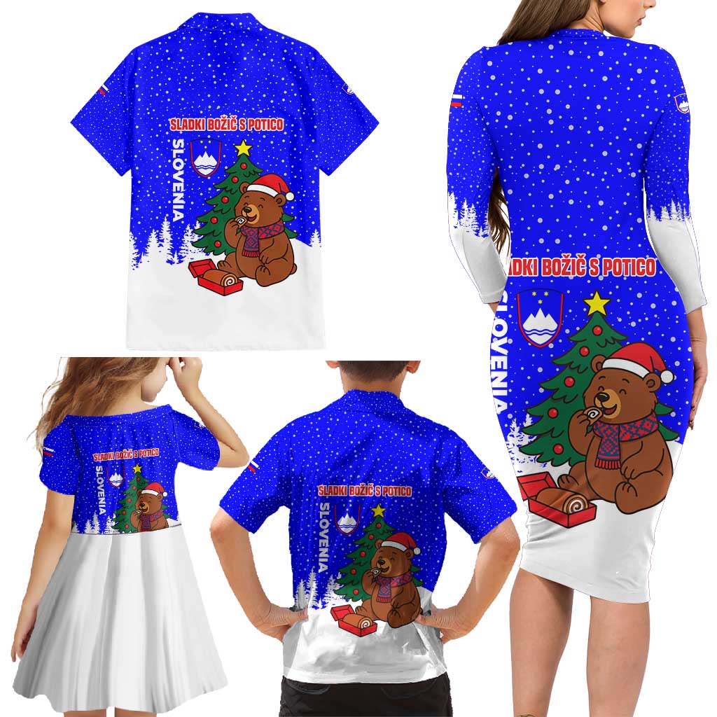 Slovenia Christmas Family Matching Long Sleeve Bodycon Dress and Hawaiian Shirt with Bear Potica Cake Snowy Tree and National Emblem Design - Wonder Print Shop