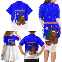 Slovenia Christmas Family Matching Long Sleeve Bodycon Dress and Hawaiian Shirt with Bear Potica Cake Snowy Tree and National Emblem Design - Wonder Print Shop