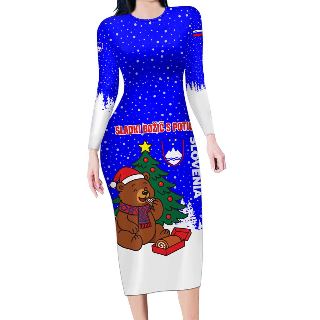 Slovenia Christmas Family Matching Long Sleeve Bodycon Dress and Hawaiian Shirt with Bear Potica Cake Snowy Tree and National Emblem Design - Wonder Print Shop