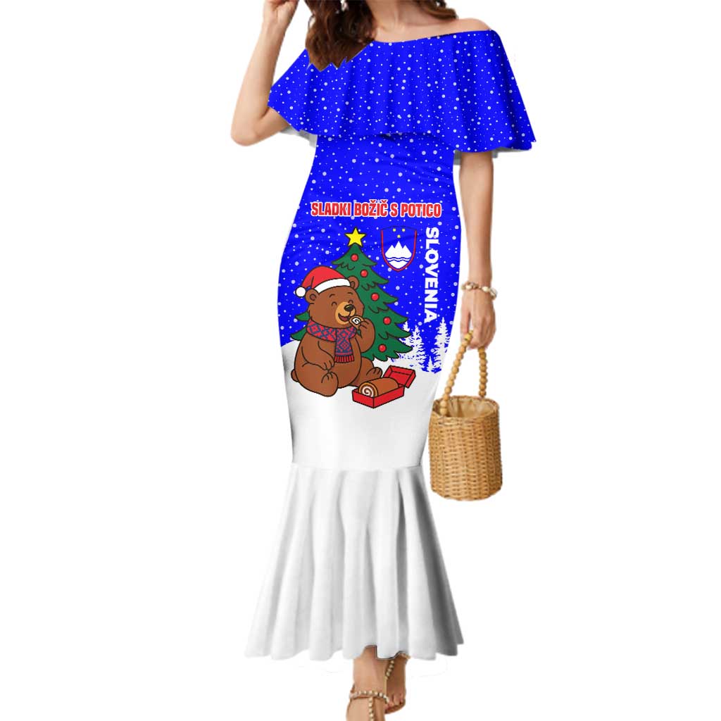 Slovenia Christmas Family Matching Mermaid Dress and Hawaiian Shirt with Bear Potica Cake Snowy Tree and National Emblem Design - Wonder Print Shop