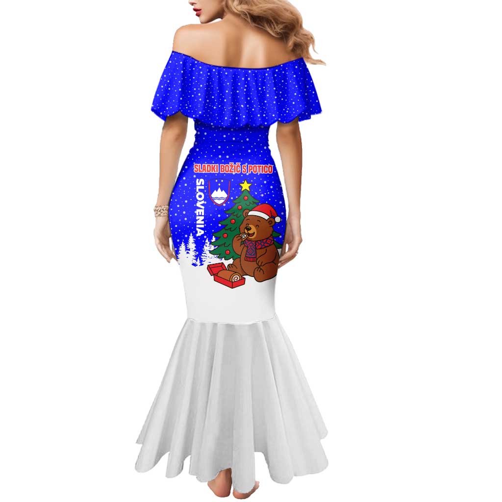 Slovenia Christmas Family Matching Mermaid Dress and Hawaiian Shirt with Bear Potica Cake Snowy Tree and National Emblem Design - Wonder Print Shop
