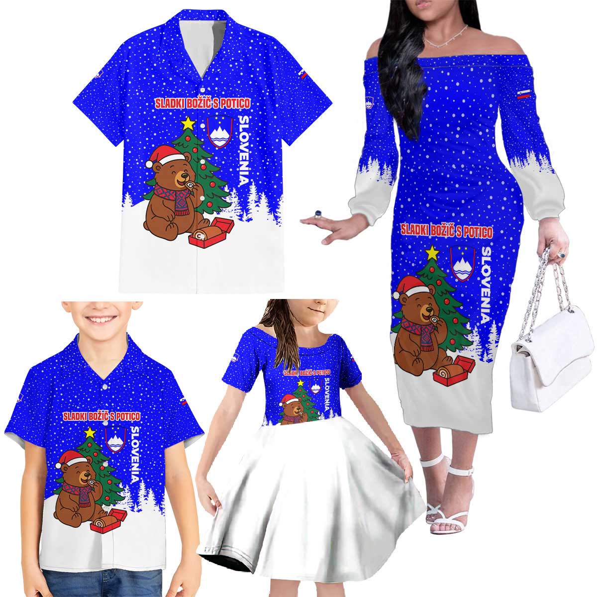 Slovenia Christmas Family Matching Off The Shoulder Long Sleeve Dress and Hawaiian Shirt with Bear Potica Cake Snowy Tree and National Emblem Design - Wonder Print Shop