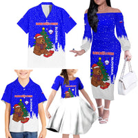 Slovenia Christmas Family Matching Off The Shoulder Long Sleeve Dress and Hawaiian Shirt with Bear Potica Cake Snowy Tree and National Emblem Design - Wonder Print Shop
