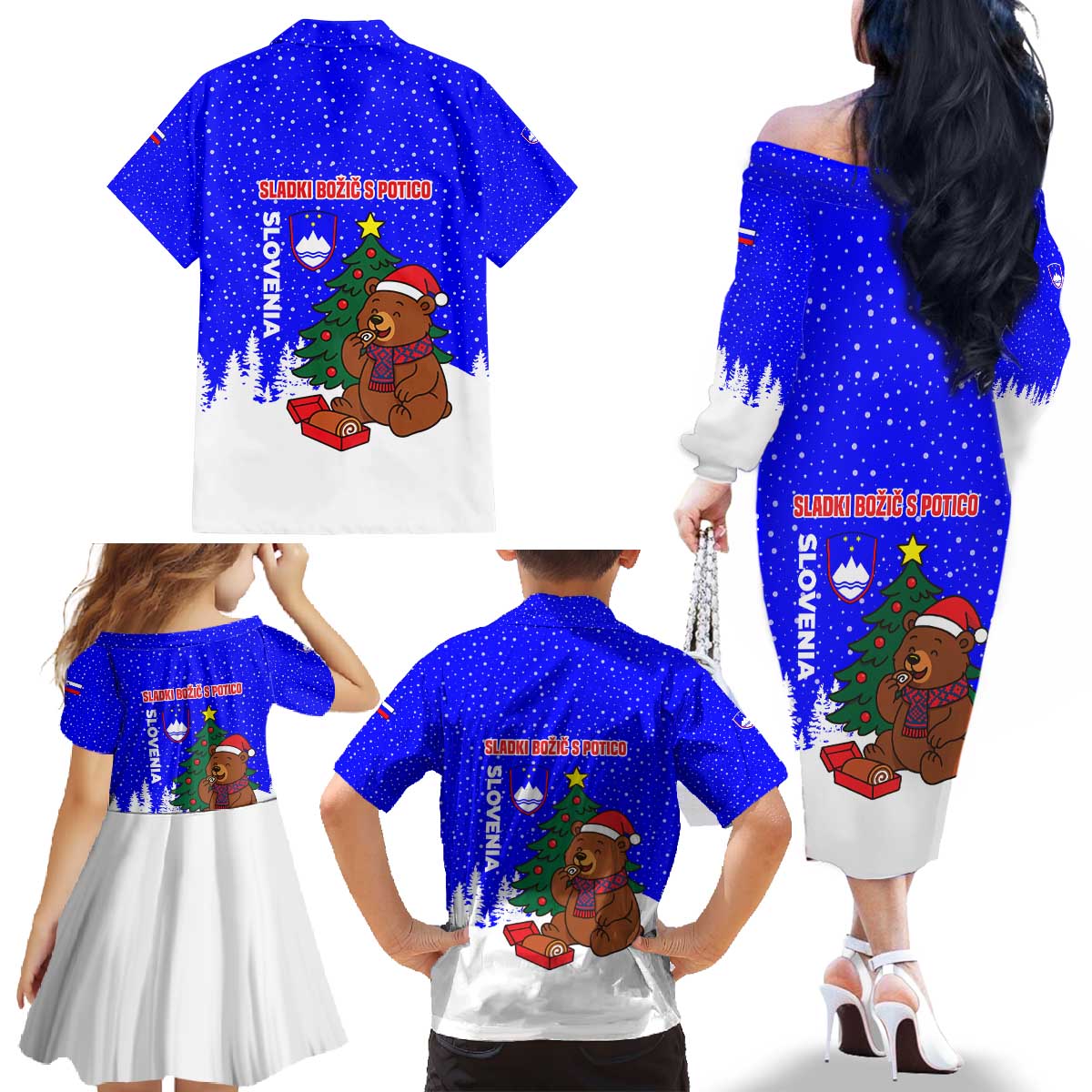 Slovenia Christmas Family Matching Off The Shoulder Long Sleeve Dress and Hawaiian Shirt with Bear Potica Cake Snowy Tree and National Emblem Design - Wonder Print Shop