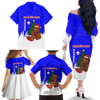 Slovenia Christmas Family Matching Off The Shoulder Long Sleeve Dress and Hawaiian Shirt with Bear Potica Cake Snowy Tree and National Emblem Design - Wonder Print Shop