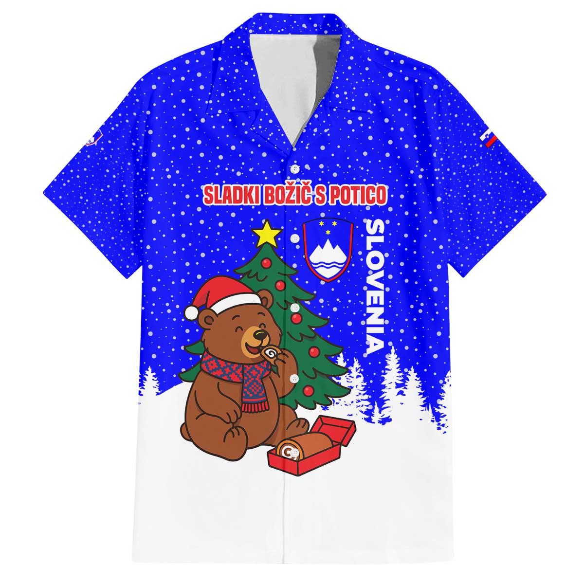 Slovenia Christmas Family Matching Off The Shoulder Long Sleeve Dress and Hawaiian Shirt with Bear Potica Cake Snowy Tree and National Emblem Design - Wonder Print Shop