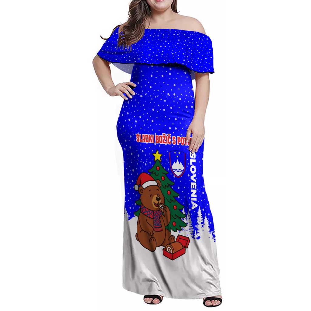 Slovenia Christmas Family Matching Off Shoulder Maxi Dress and Hawaiian Shirt with Bear Potica Cake Snowy Tree and National Emblem Design - Wonder Print Shop