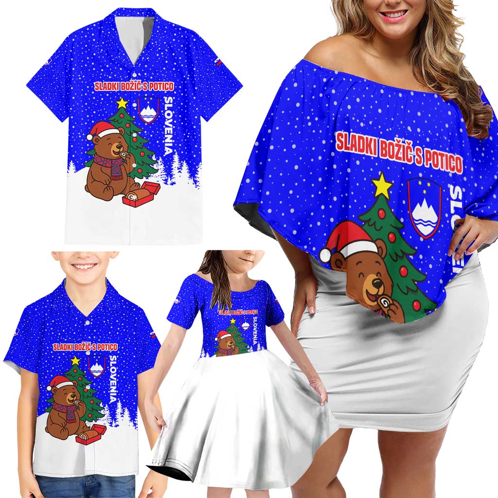 Slovenia Christmas Family Matching Off Shoulder Short Dress and Hawaiian Shirt with Bear Potica Cake Snowy Tree and National Emblem Design - Wonder Print Shop