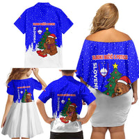 Slovenia Christmas Family Matching Off Shoulder Short Dress and Hawaiian Shirt with Bear Potica Cake Snowy Tree and National Emblem Design - Wonder Print Shop