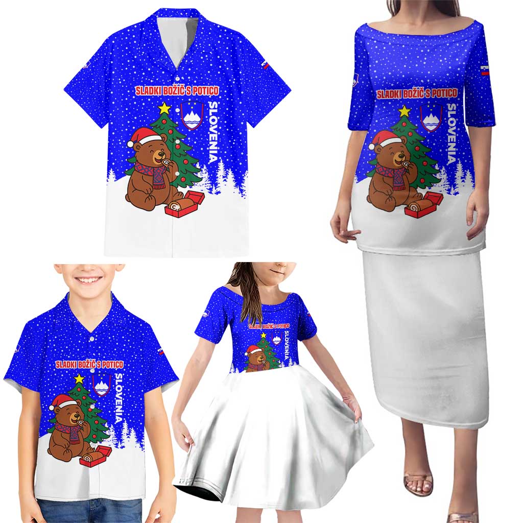 Slovenia Christmas Family Matching Puletasi and Hawaiian Shirt with Bear Potica Cake Snowy Tree and National Emblem Design - Wonder Print Shop