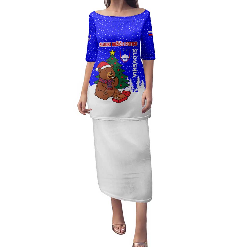 Slovenia Christmas Family Matching Puletasi and Hawaiian Shirt with Bear Potica Cake Snowy Tree and National Emblem Design - Wonder Print Shop