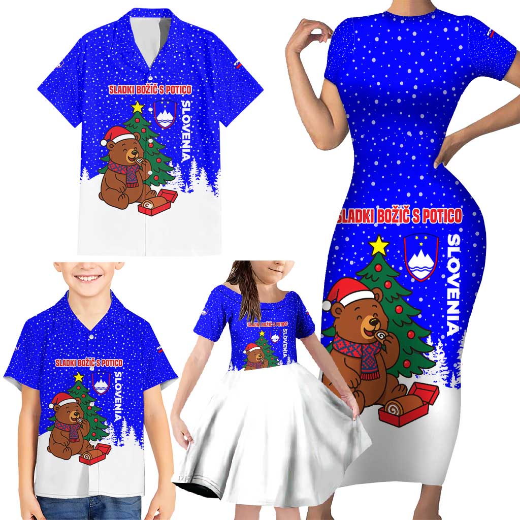 Slovenia Christmas Family Matching Short Sleeve Bodycon Dress and Hawaiian Shirt with Bear Potica Cake Snowy Tree and National Emblem Design - Wonder Print Shop