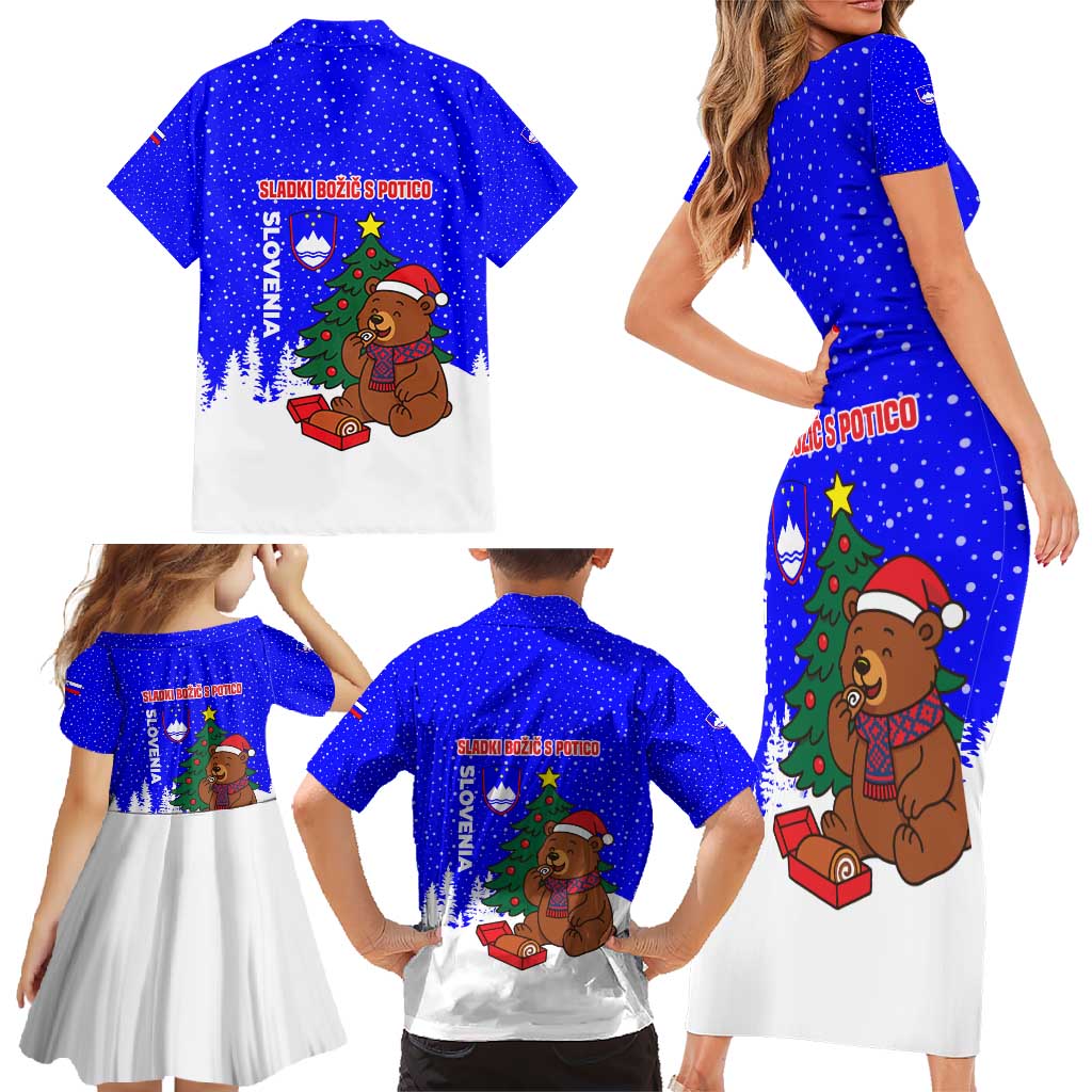 Slovenia Christmas Family Matching Short Sleeve Bodycon Dress and Hawaiian Shirt with Bear Potica Cake Snowy Tree and National Emblem Design - Wonder Print Shop