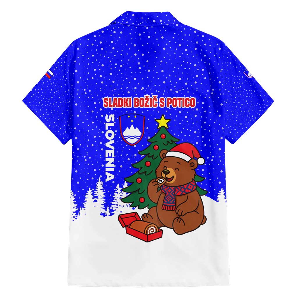 Slovenia Christmas Family Matching Short Sleeve Bodycon Dress and Hawaiian Shirt with Bear Potica Cake Snowy Tree and National Emblem Design - Wonder Print Shop
