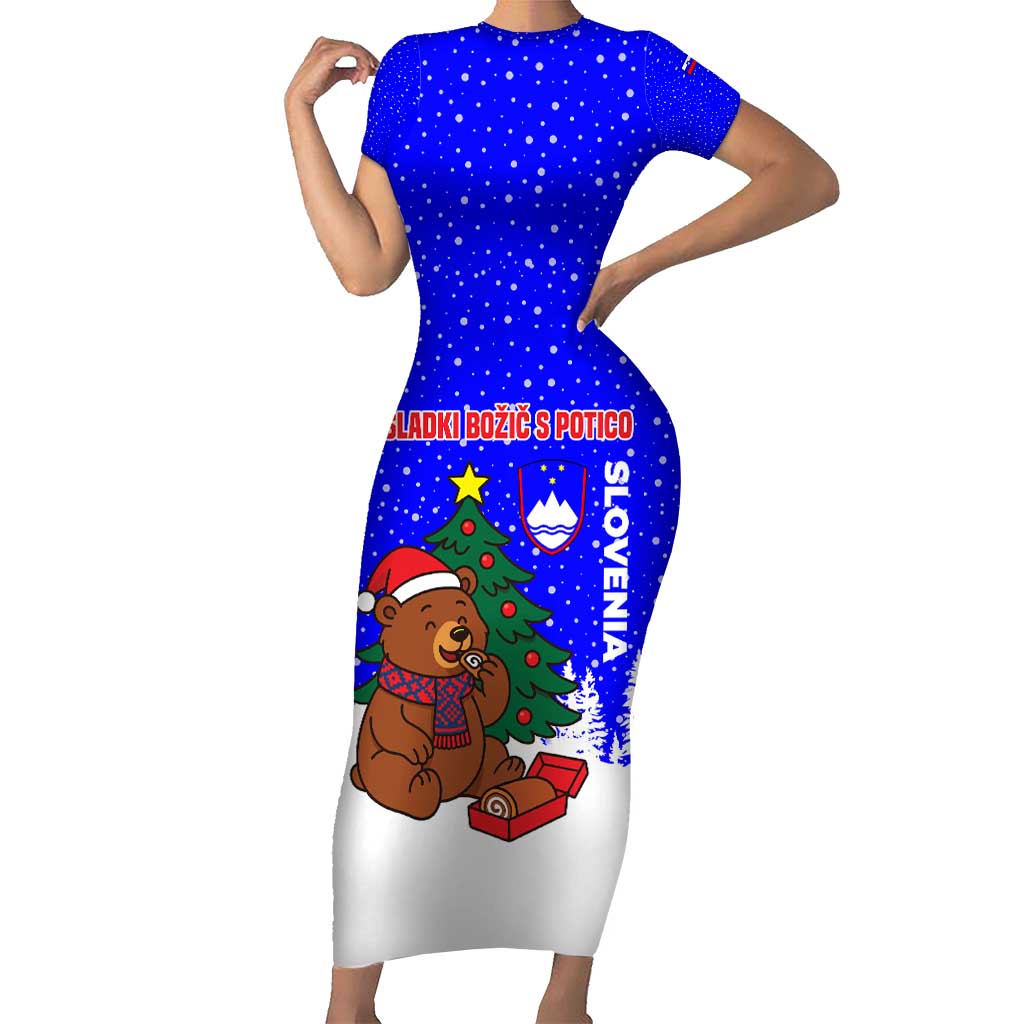 Slovenia Christmas Family Matching Short Sleeve Bodycon Dress and Hawaiian Shirt with Bear Potica Cake Snowy Tree and National Emblem Design - Wonder Print Shop