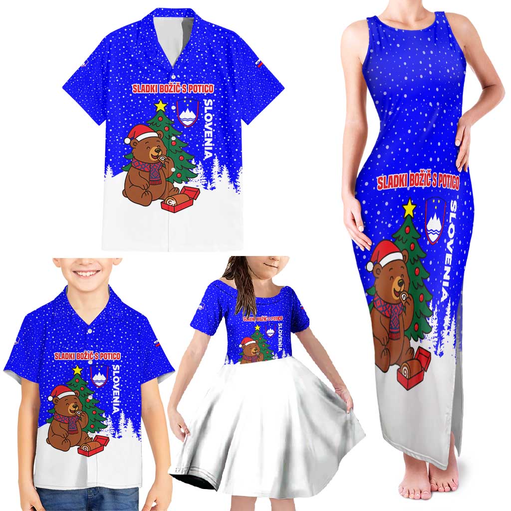 Slovenia Christmas Family Matching Tank Maxi Dress and Hawaiian Shirt with Bear Potica Cake Snowy Tree and National Emblem Design - Wonder Print Shop