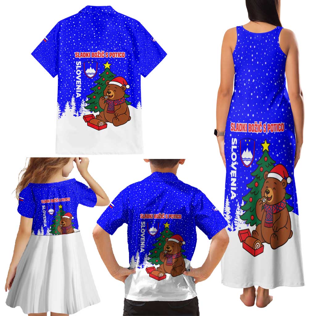 Slovenia Christmas Family Matching Tank Maxi Dress and Hawaiian Shirt with Bear Potica Cake Snowy Tree and National Emblem Design - Wonder Print Shop