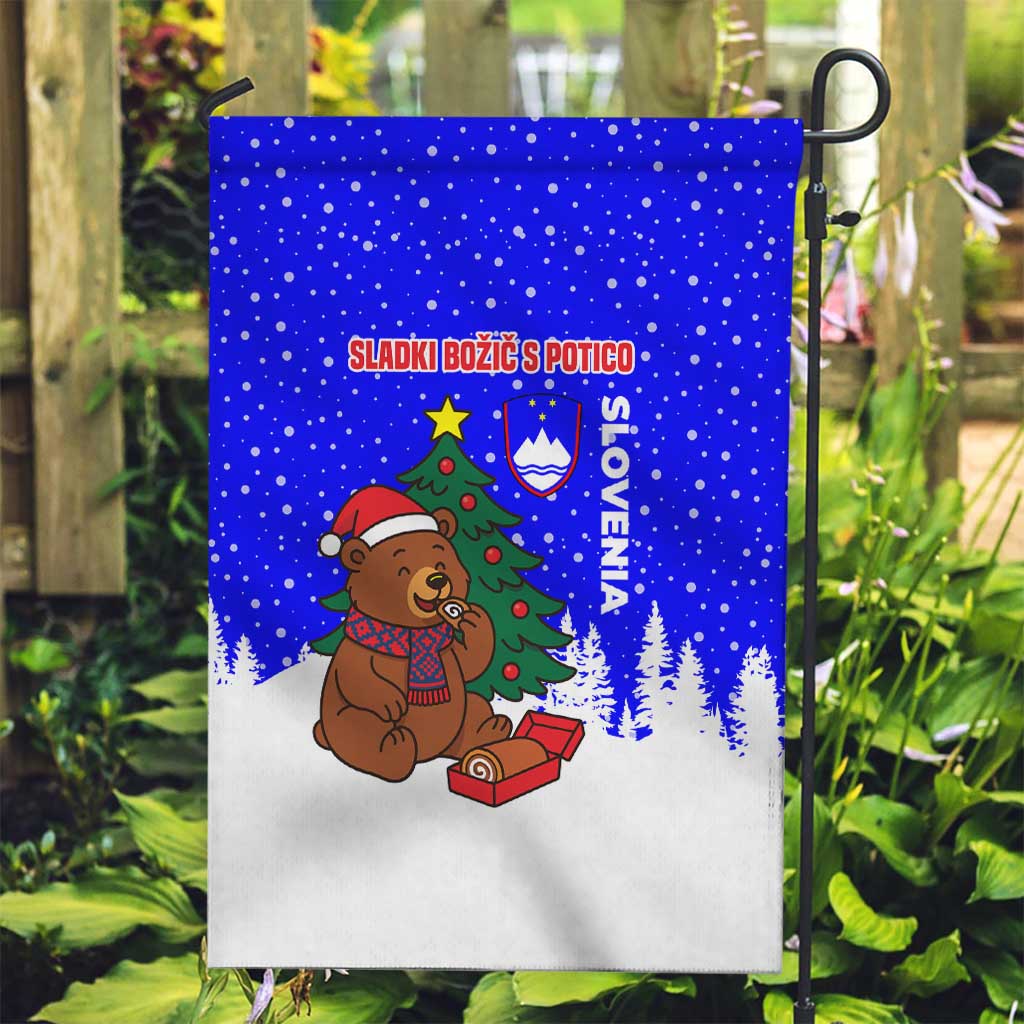 Slovenia Christmas Garden Flag with Bear Potica Cake Snowy Tree and National Emblem Design - Wonder Print Shop